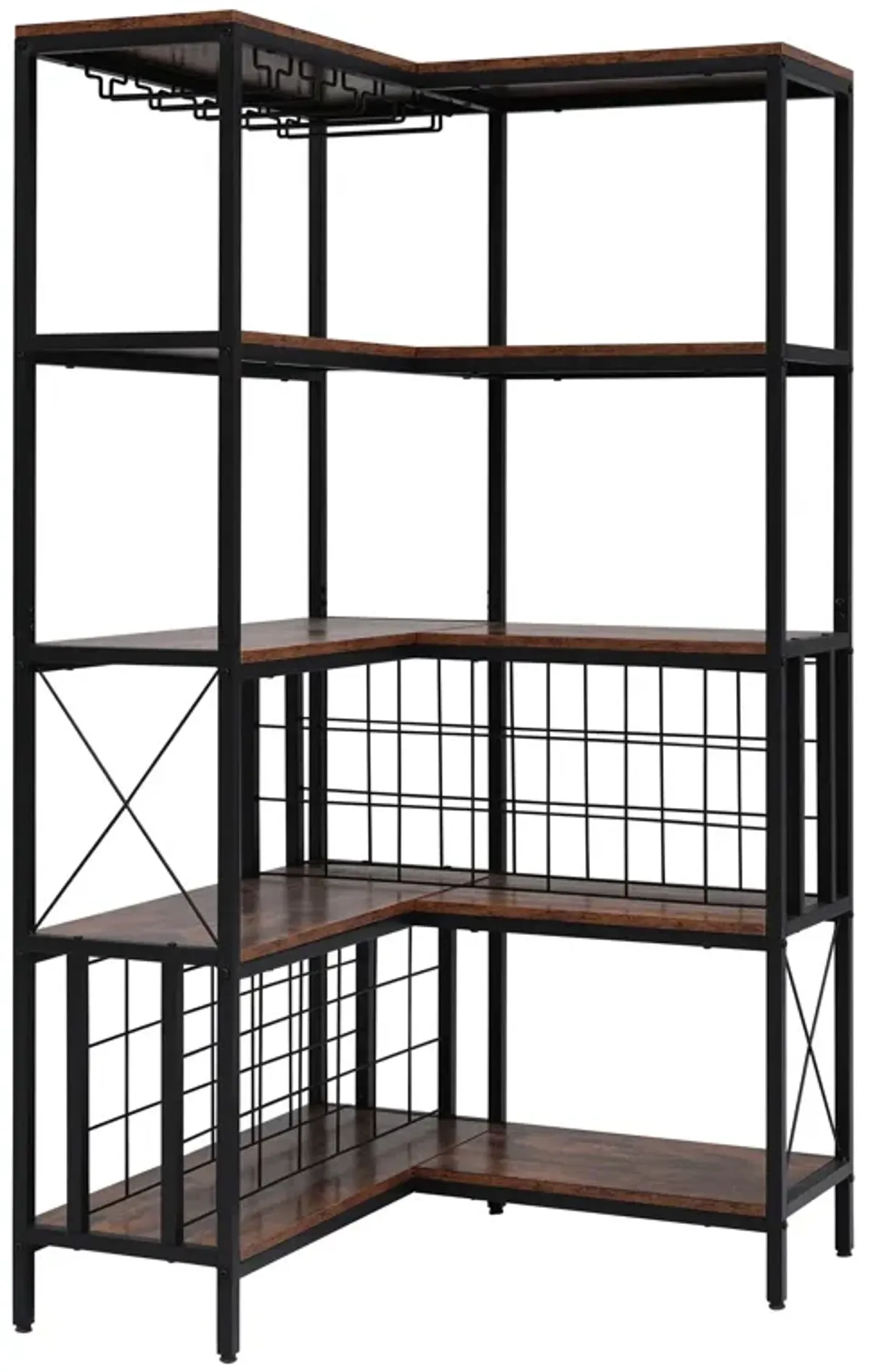 Corner Wine Rack Bar Cabinet Industrial Freestanding Floor Bar Cabinets For Liquor And Glasses Storage For Home Kitchen - Walnut / Black