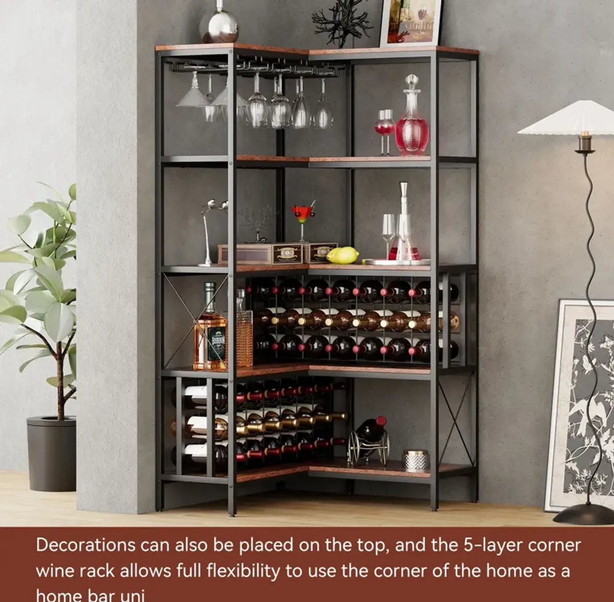 Corner Wine Rack Bar Cabinet Industrial Freestanding Floor Bar Cabinets For Liquor And Glasses Storage For Home Kitchen - Walnut / Black