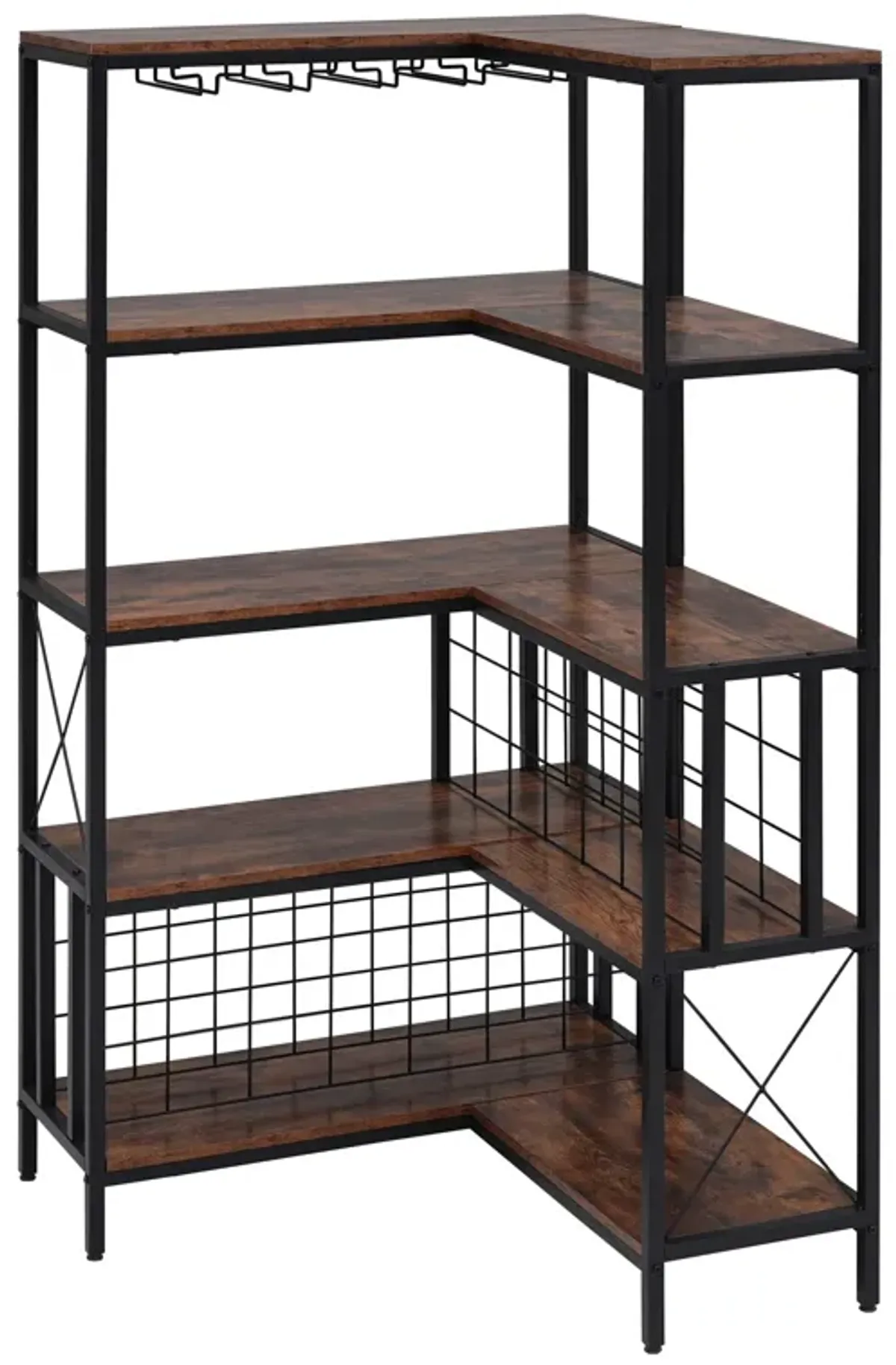 Corner Wine Rack Bar Cabinet Industrial Freestanding Floor Bar Cabinets For Liquor And Glasses Storage For Home Kitchen - Walnut / Black