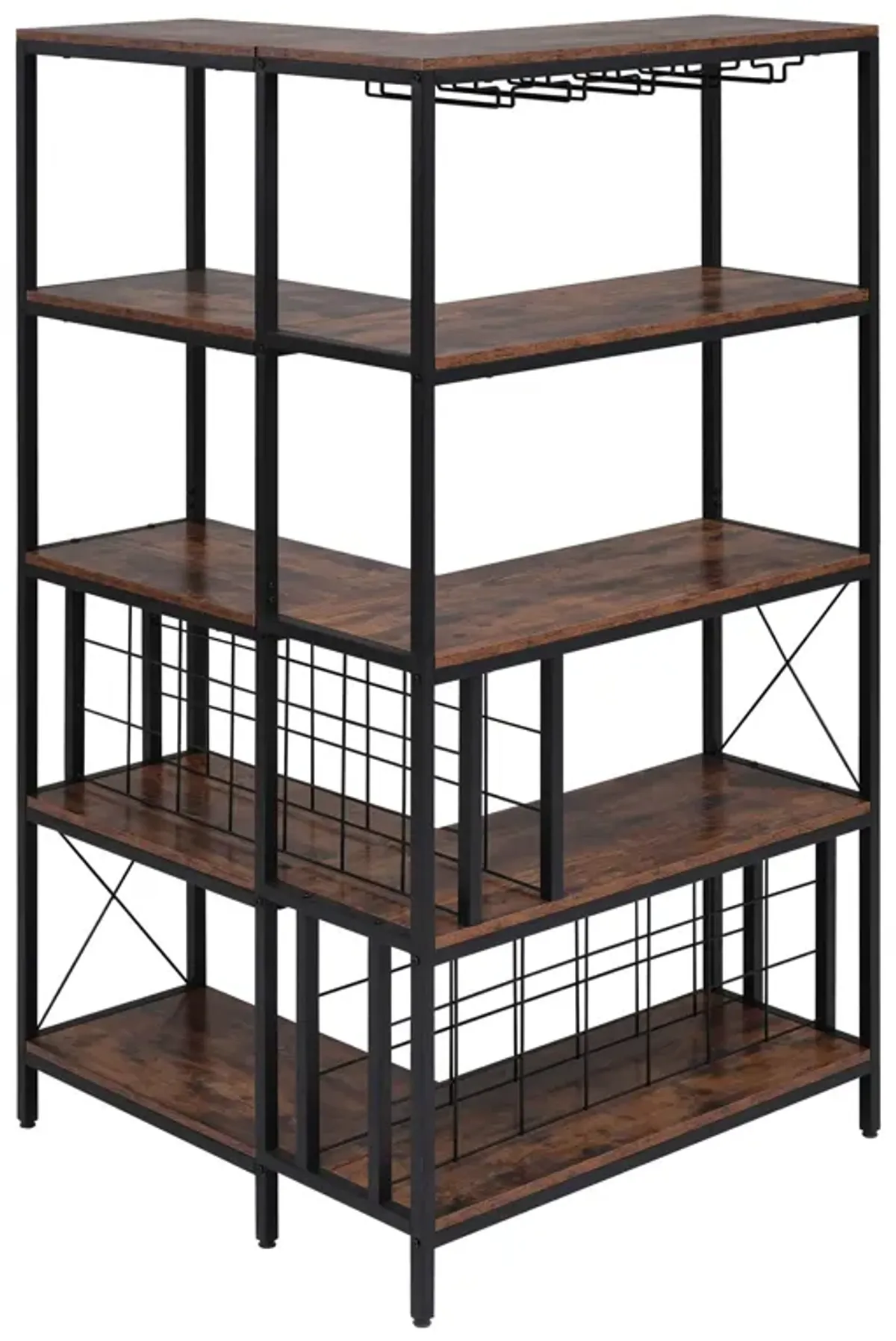 Corner Wine Rack Bar Cabinet Industrial Freestanding Floor Bar Cabinets For Liquor And Glasses Storage For Home Kitchen - Walnut / Black