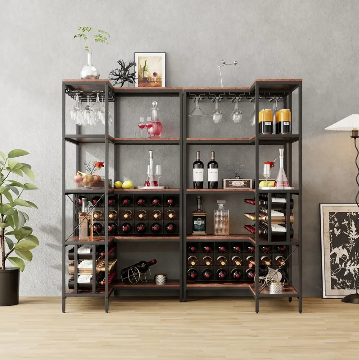 Corner Wine Rack Bar Cabinet Industrial Freestanding Floor Bar Cabinets For Liquor And Glasses Storage For Home Kitchen - Walnut / Black