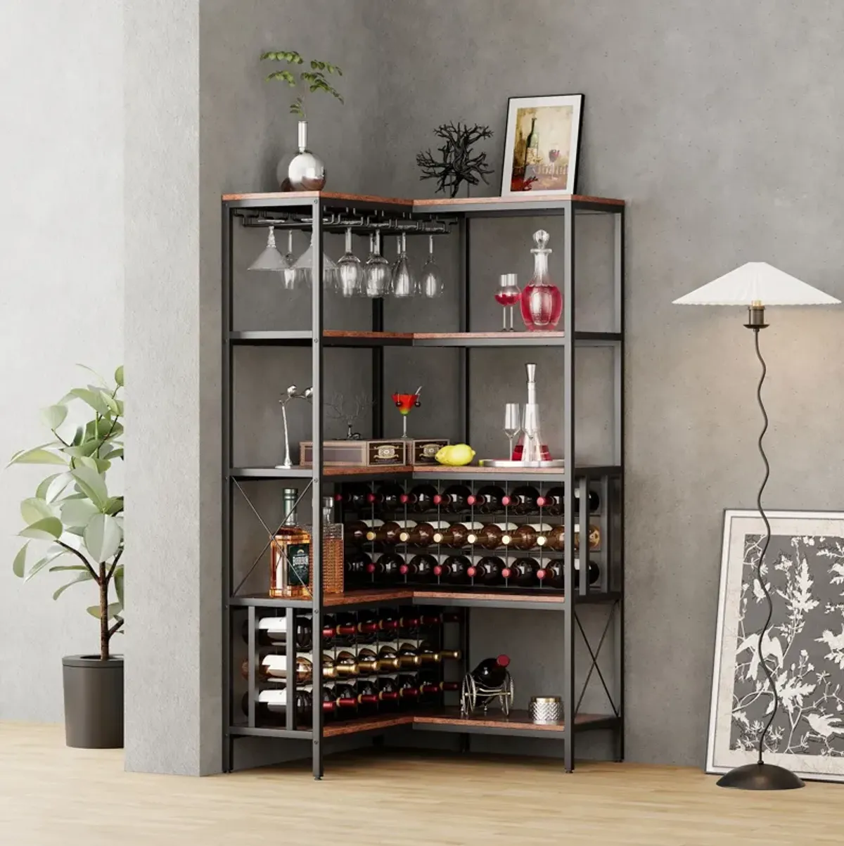 Corner Wine Rack Bar Cabinet Industrial Freestanding Floor Bar Cabinets For Liquor And Glasses Storage For Home Kitchen - Walnut / Black