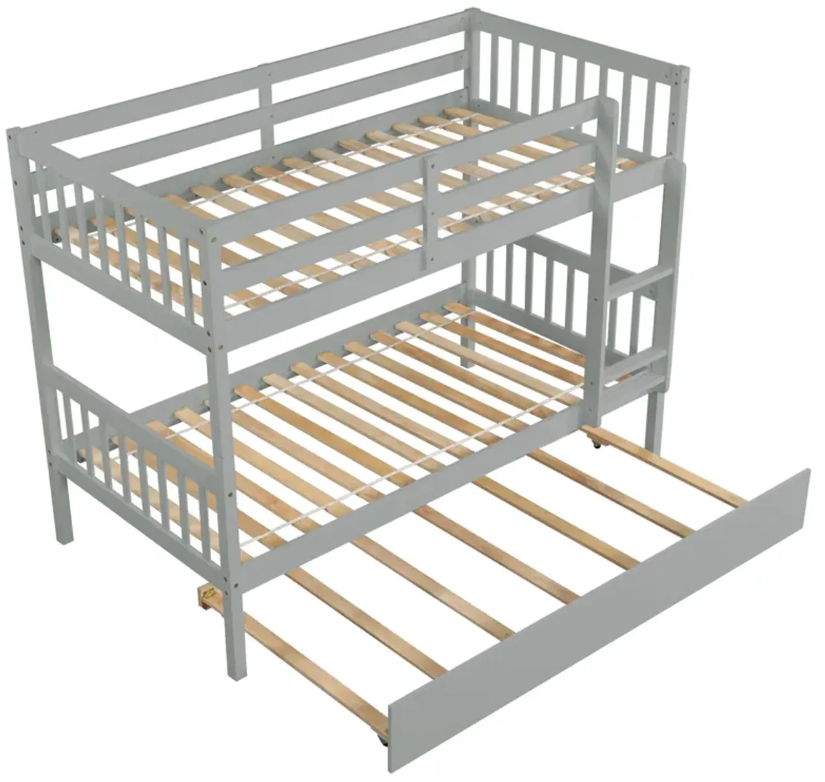 Twin Over Twin Bunk Beds With Trundle, Solid Wood Trundle Bed Frame With Safety Rail And Ladder, Kids / Teens Bedroom, Guest Room Furniture, Can Be Converted Into 2 Beds - Gray