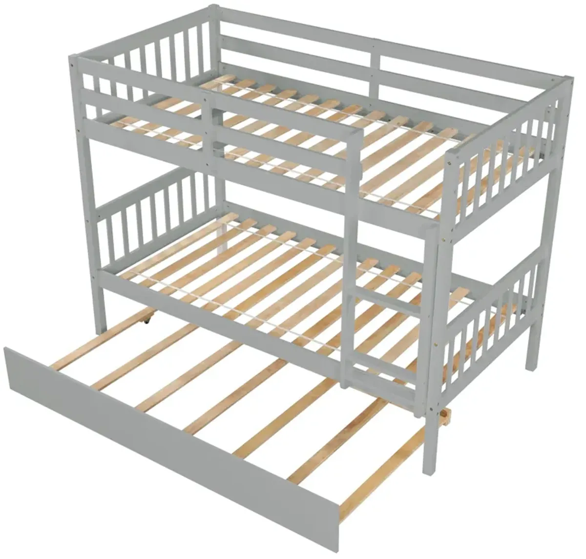 Twin Over Twin Bunk Beds With Trundle, Solid Wood Trundle Bed Frame With Safety Rail And Ladder, Kids / Teens Bedroom, Guest Room Furniture, Can Be Converted Into 2 Beds - Gray