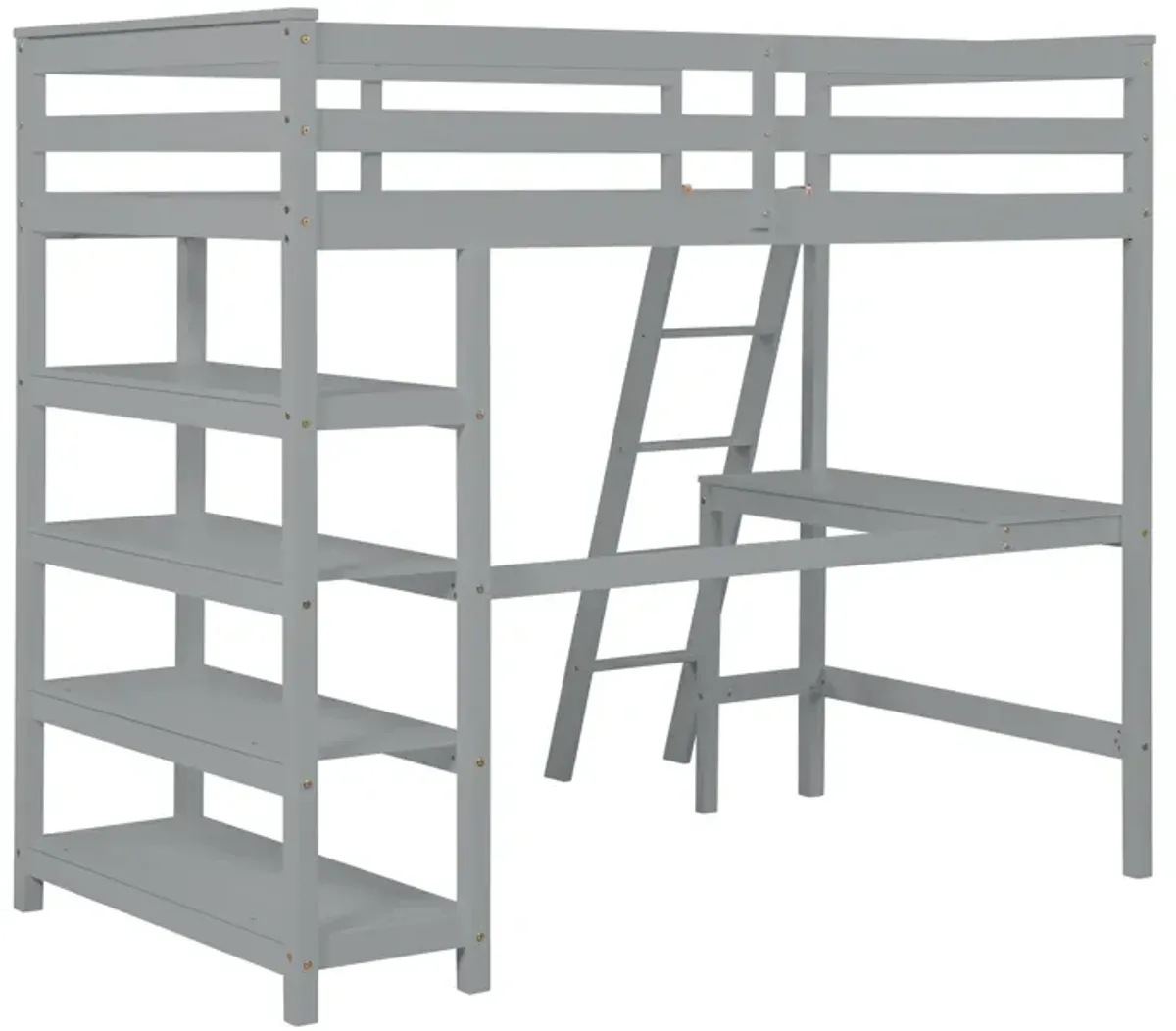 Loft Bed Twin With Desk, Ladder, Shelves - Gray