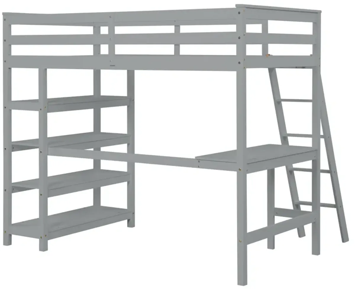 Loft Bed Twin With Desk, Ladder, Shelves - Gray