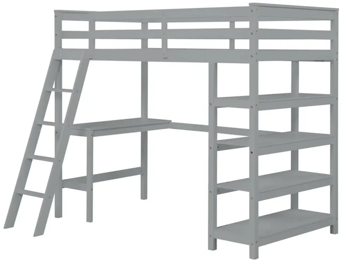 Loft Bed Twin With Desk, Ladder, Shelves - Gray