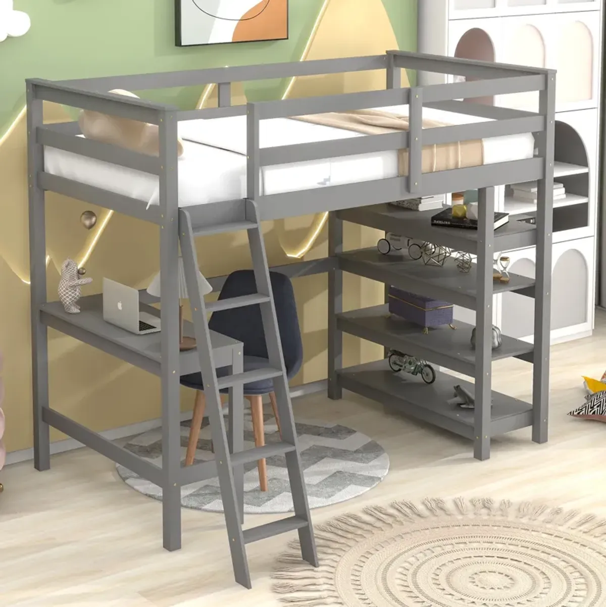 Loft Bed Twin With Desk, Ladder, Shelves - Gray