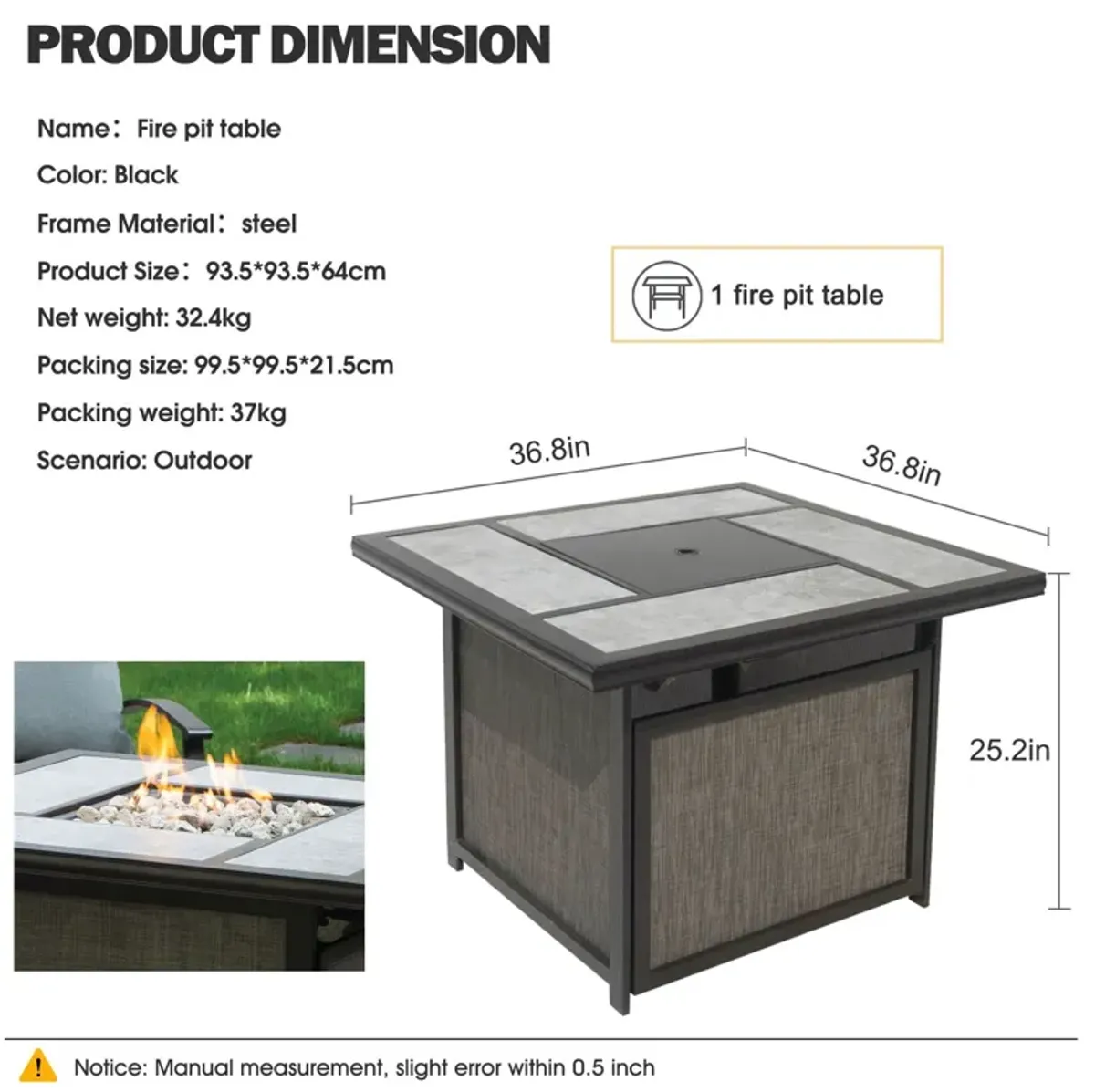 Outdoor Gas Fire Pit, 46, 000 Btu Steel Fire Table - Gray