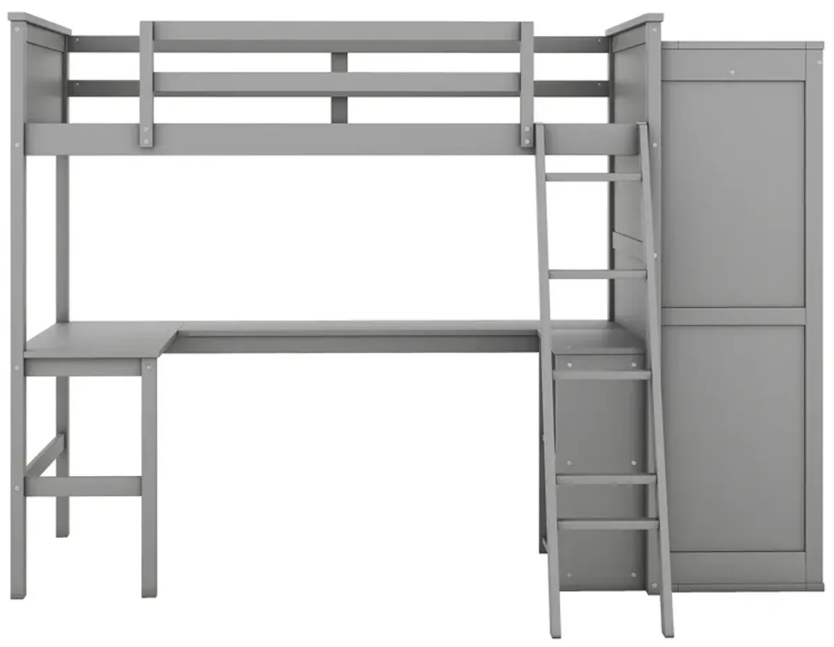 Twin Size Loft Bed With Desk, Shelves And Wardrobe - Gray