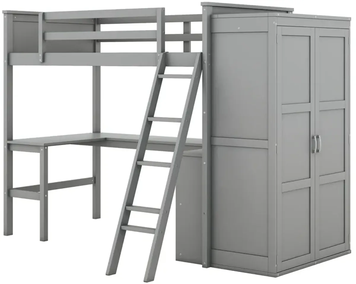 Twin Size Loft Bed With Desk, Shelves And Wardrobe - Gray