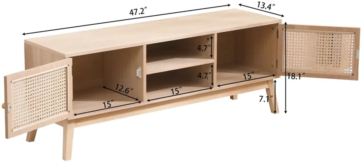 Superjare Boho TV Stand For 55" TV, Entertainment Center With Adjustable Shelf, Real Rattan TV Console With 2 Cabinets, Media Console, Solid Wood Feet, 2 Cord Holes, For Living Room - Natural