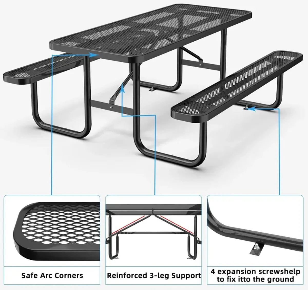 Expanded Rectangular Picnic Table - Black - Metal