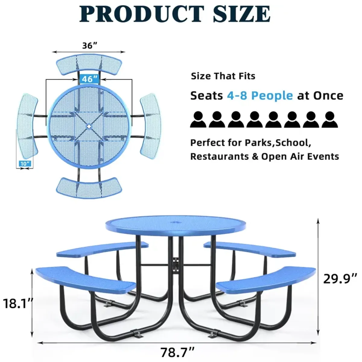 Outdoor Steel Picnic Round Table With Umbrella Pole - Blue