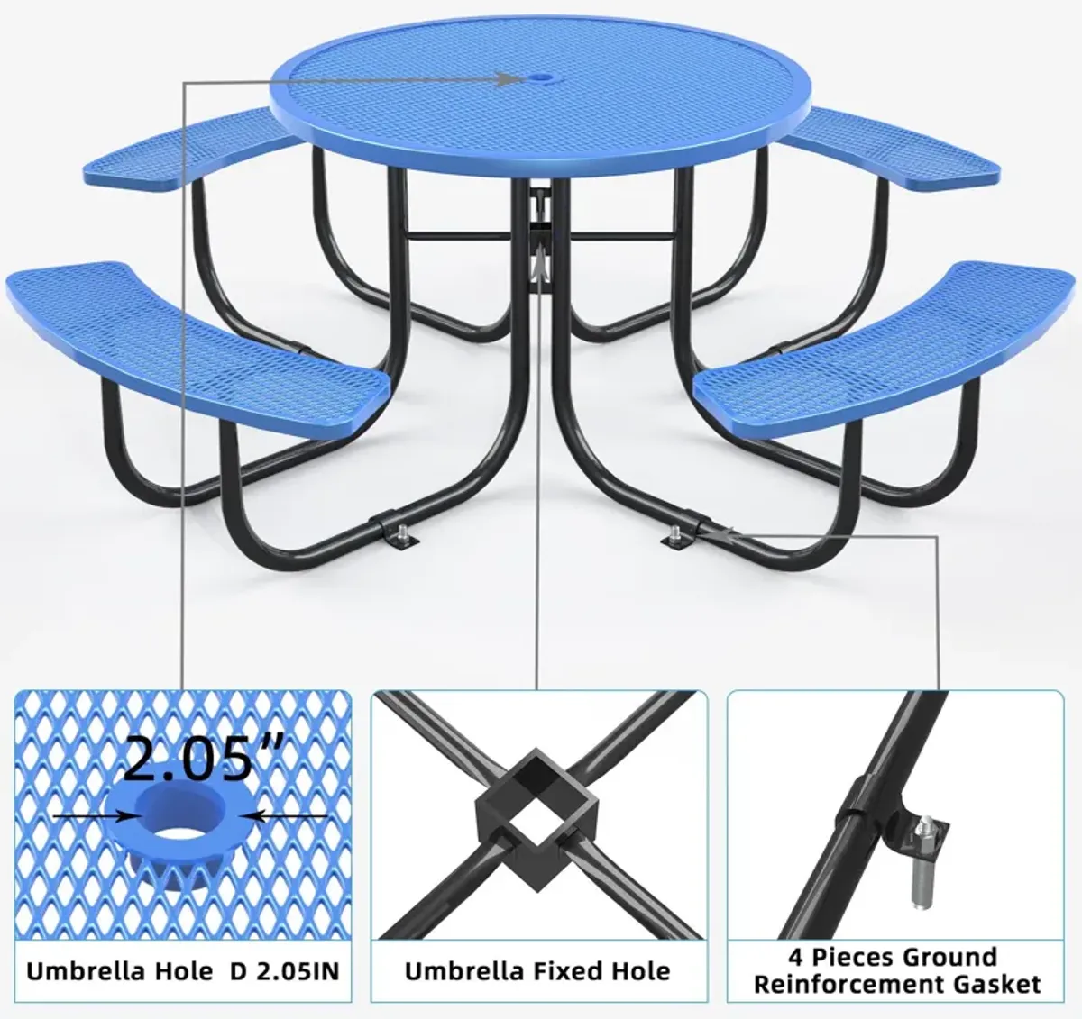 Outdoor Steel Picnic Round Table With Umbrella Pole - Blue