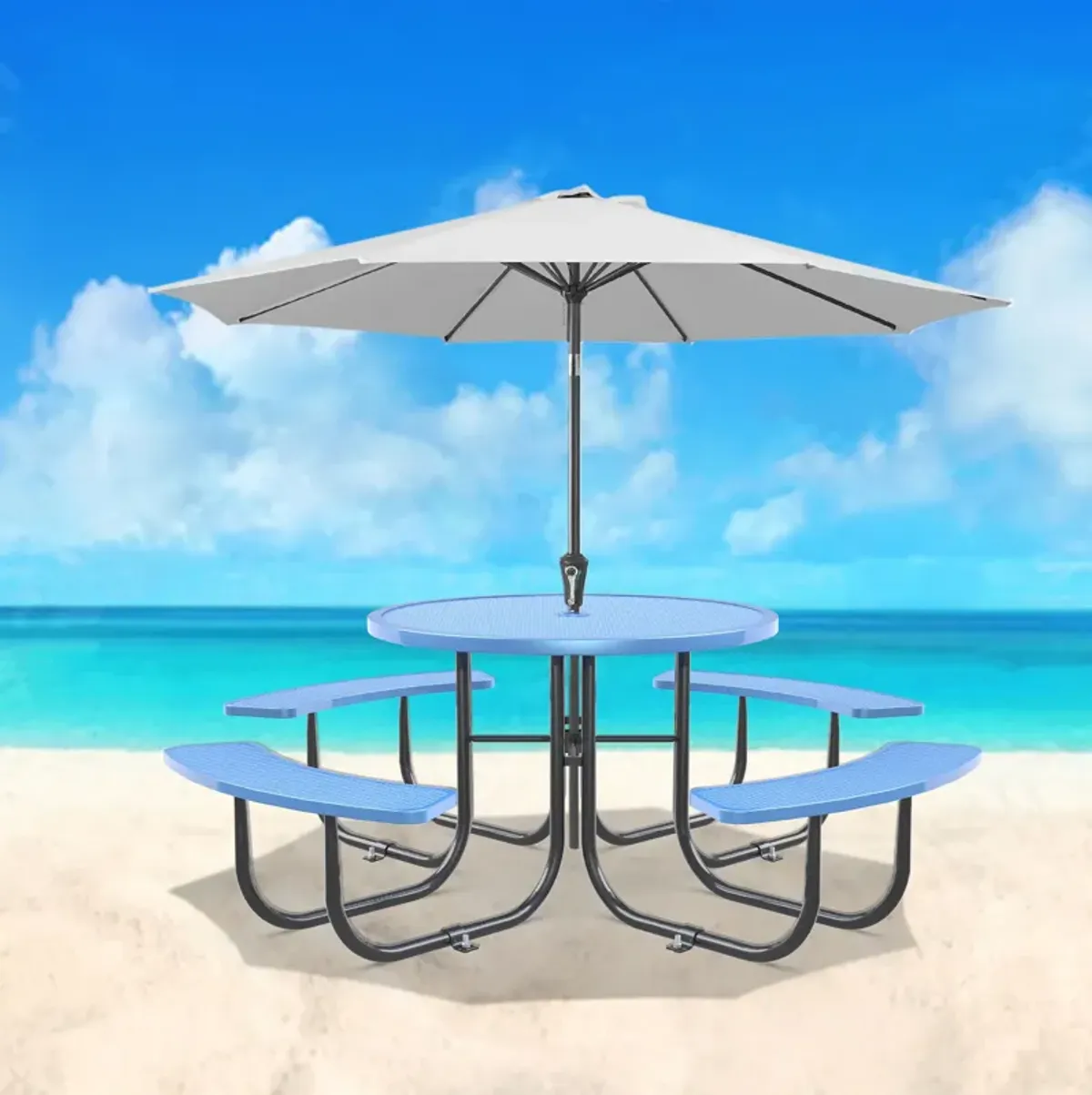 Outdoor Steel Picnic Round Table With Umbrella Pole - Blue