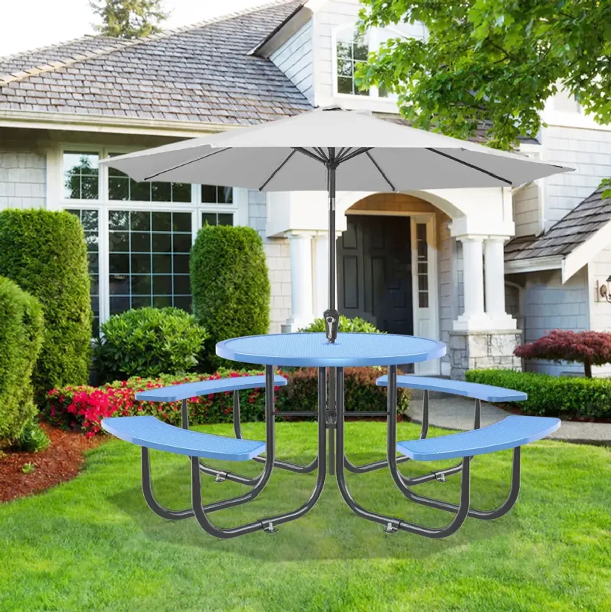 Outdoor Steel Picnic Round Table With Umbrella Pole - Blue