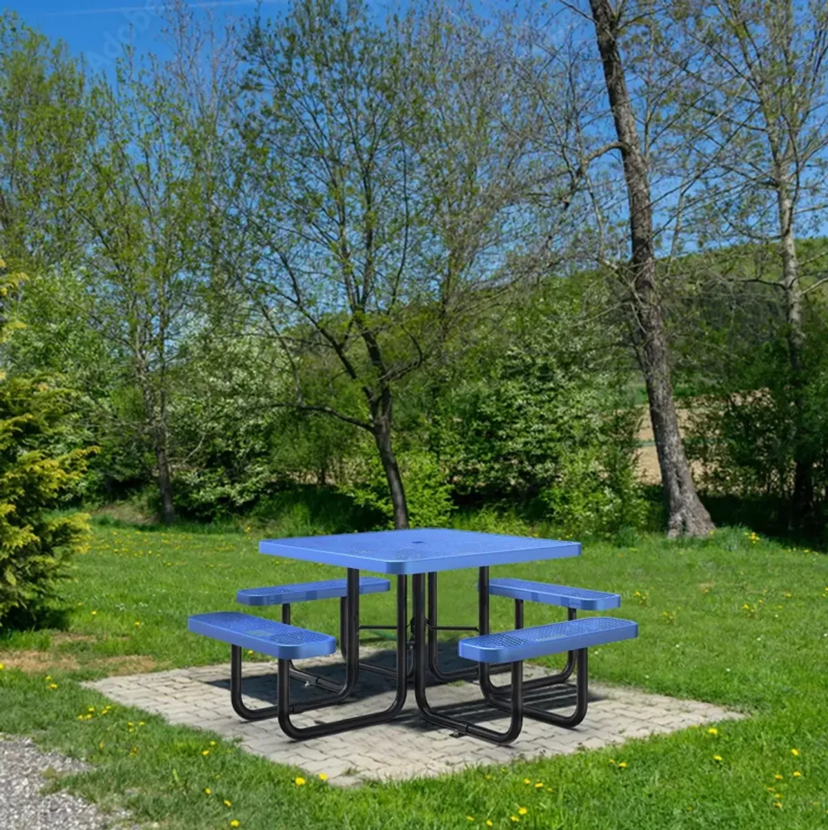 Square Outdoor Steel Picnic Table, With Umbrella Pole - Blue