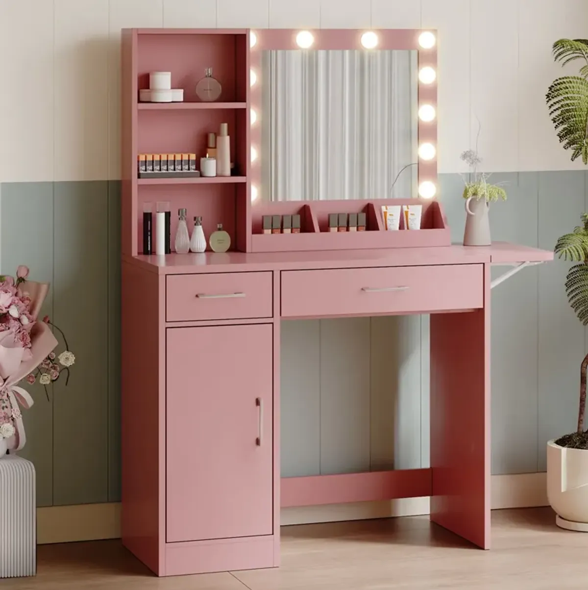 Vanity Desk With Drawers & Mirror With Lights, With Drawers & Cabinet 3 Shelves Lots Storage For Stylish Bedroom