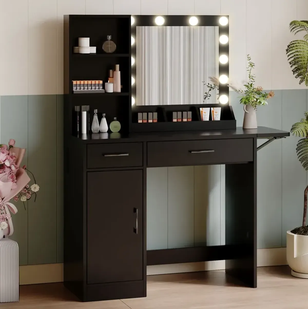 Vanity Desk With Drawers & Mirror With Lights, With Drawers & Cabinet 3 Shelves Lots Storage For Stylish Bedroom