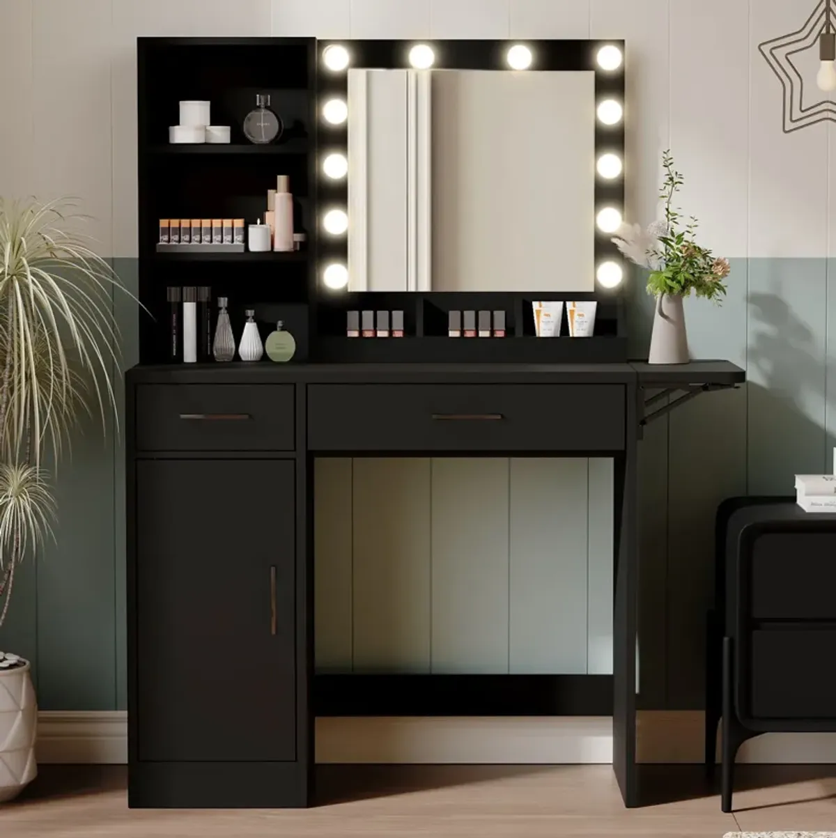 Vanity Desk With Drawers & Mirror With Lights, With Drawers & Cabinet 3 Shelves Lots Storage For Stylish Bedroom