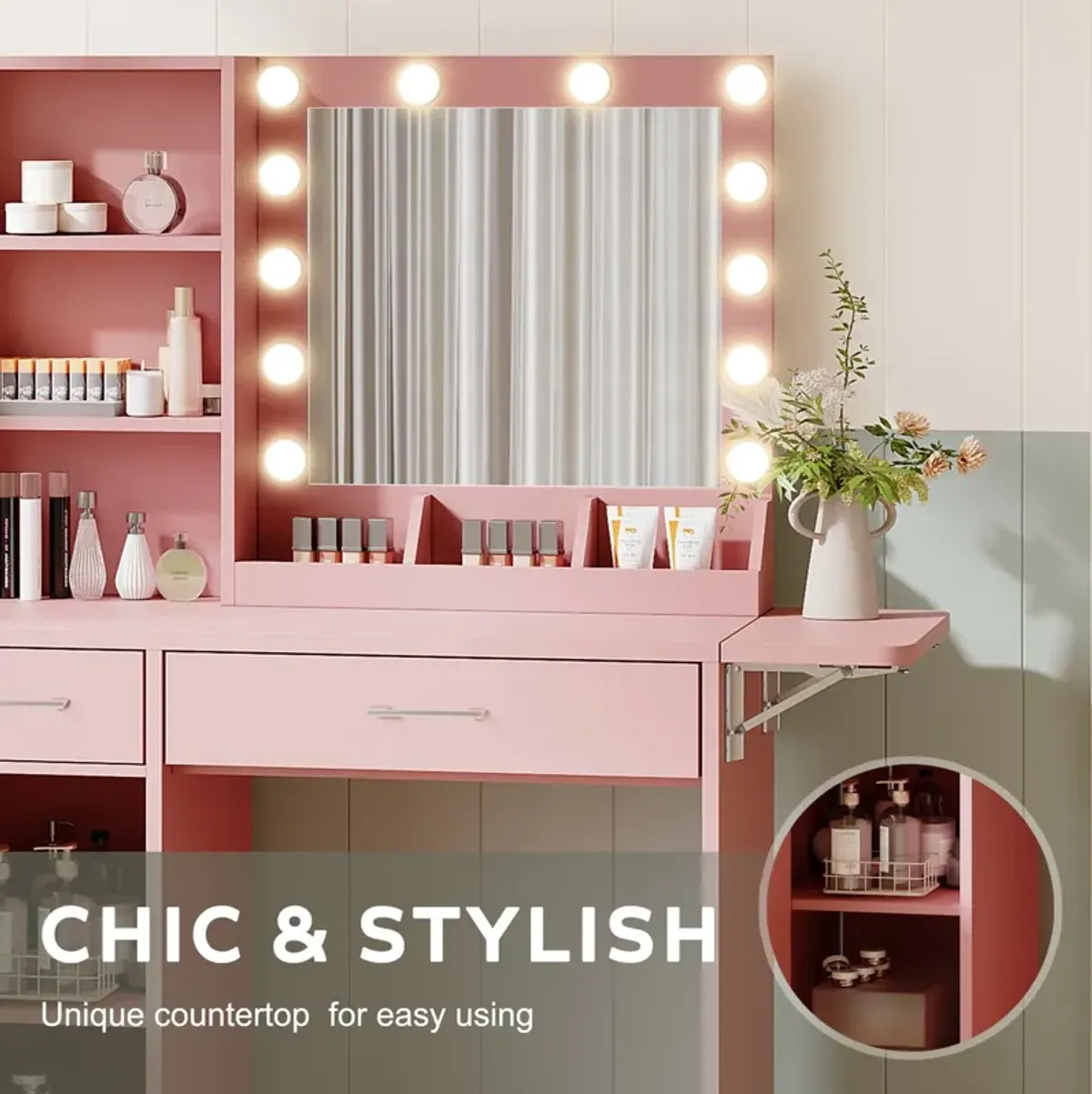 Vanity Desk With Drawers & Mirror With Lights, With Drawers & Cabinet 3 Shelves Lots Storage For Stylish Bedroom