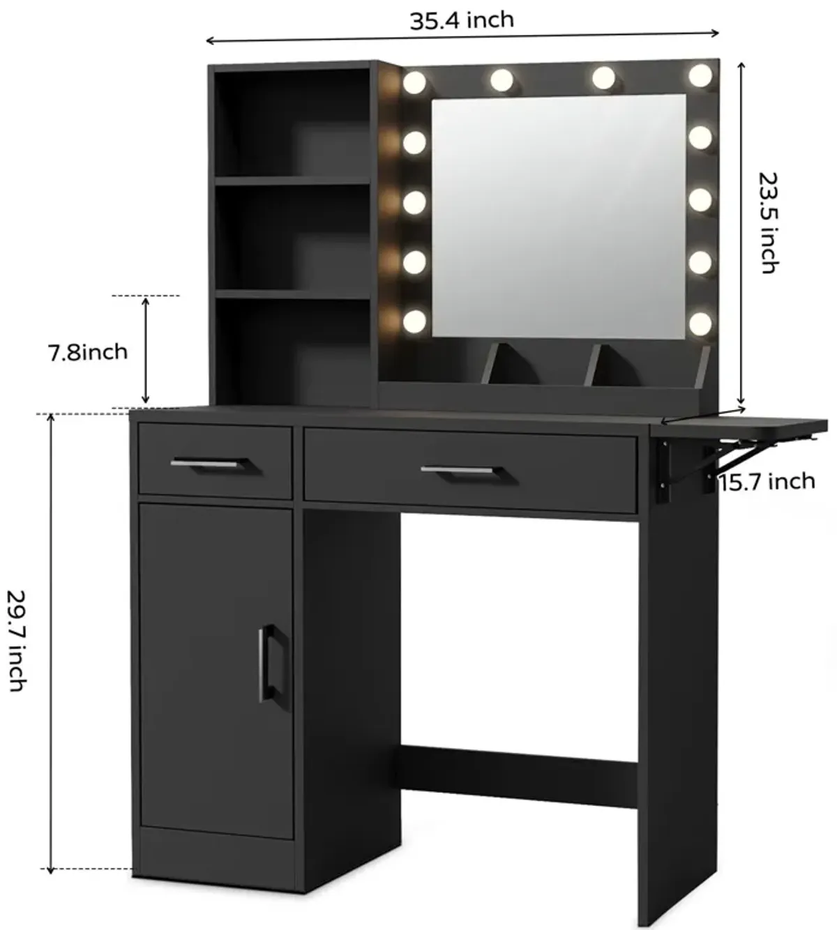 Vanity Desk With Drawers & Mirror With Lights, With Drawers & Cabinet 3 Shelves Lots Storage For Stylish Bedroom