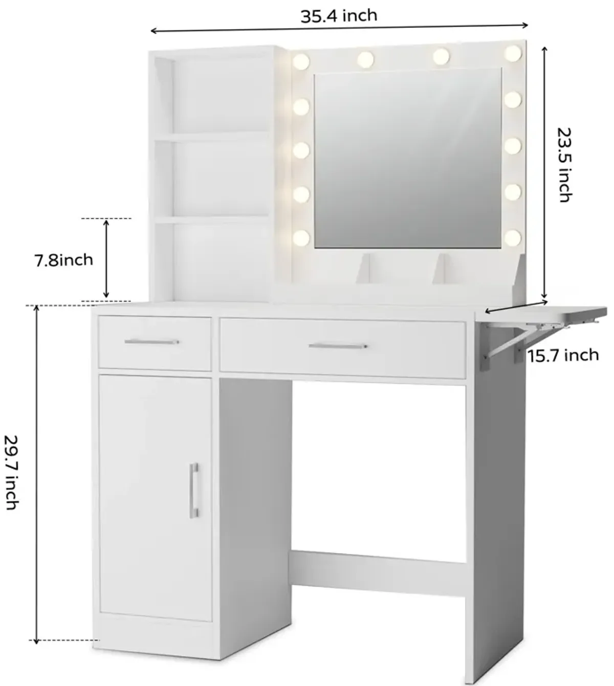 Vanity Desk With Drawers & Mirror With Lights, With Drawers & Cabinet 3 Shelves Lots Storage For Stylish Bedroom