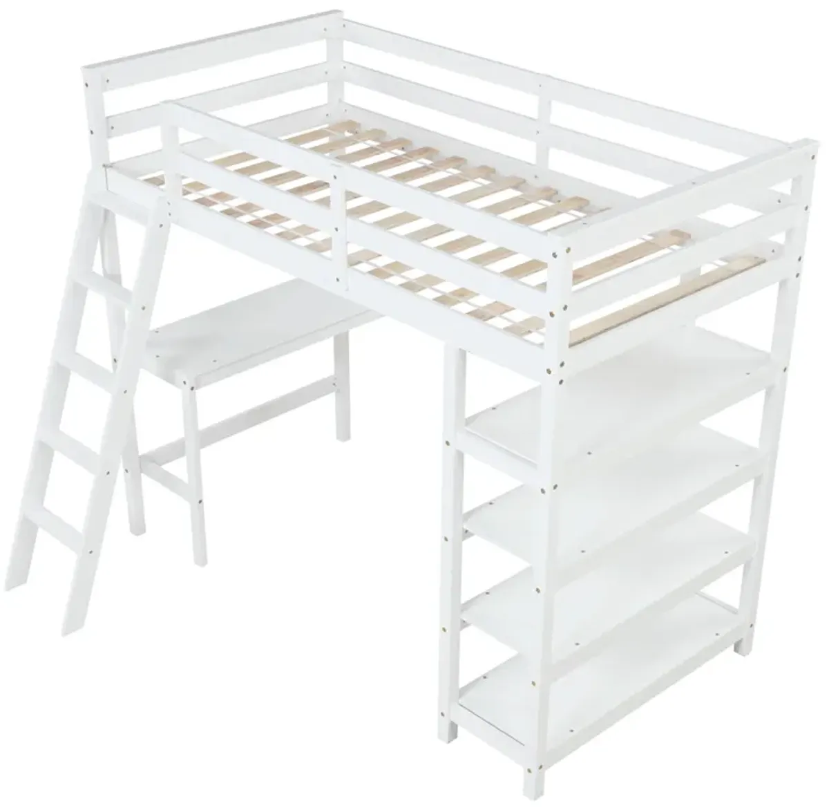 Twin Loft Bed With Desk, Ladder, Shelves