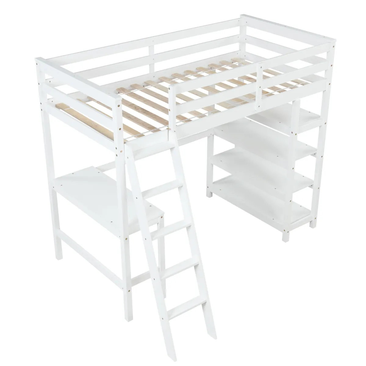 Twin Loft Bed With Desk, Ladder, Shelves