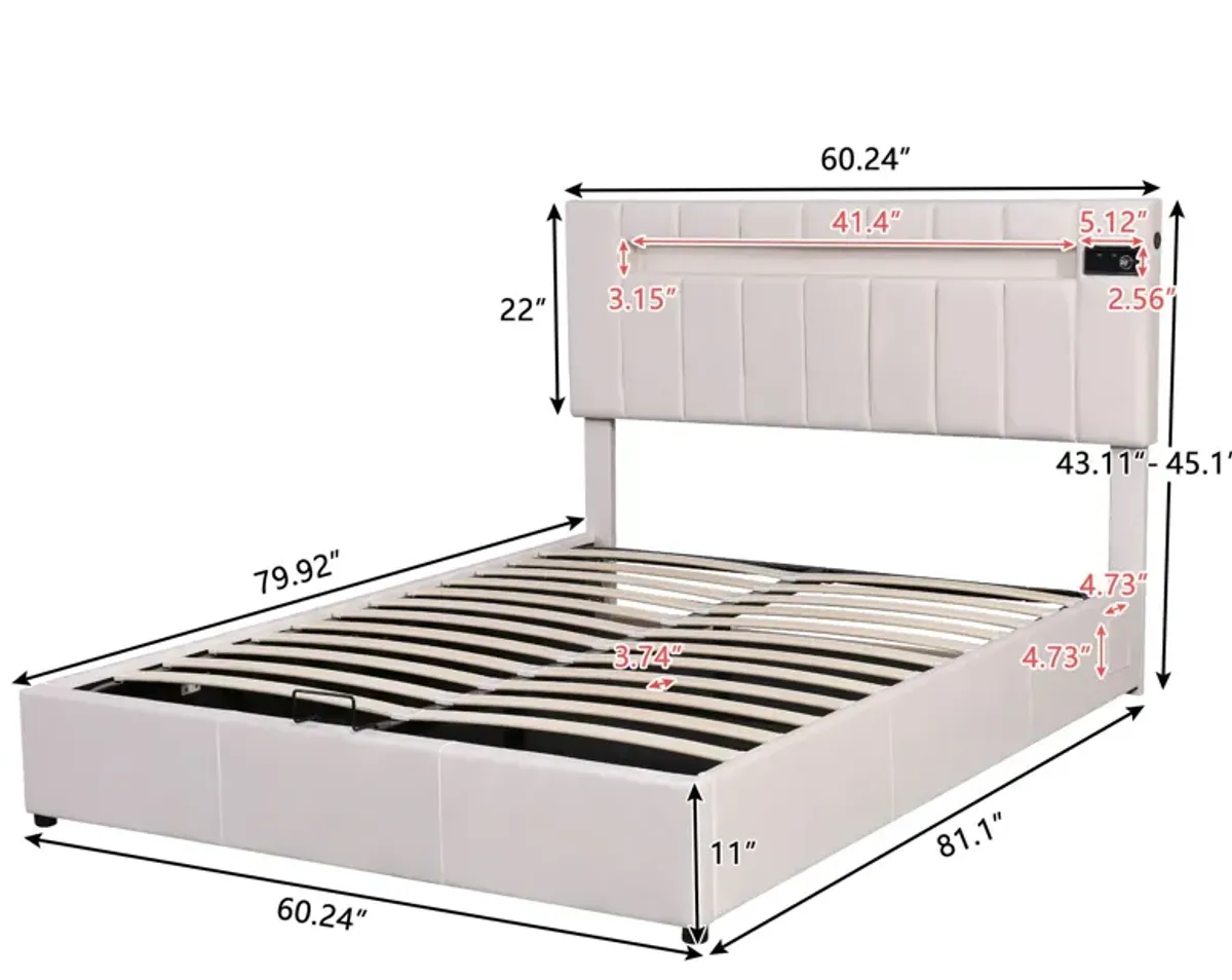 Queen Size Upholstered Bed With Led Light - Bluetooth Player And USB Charging, Hydraulic Storage Bed