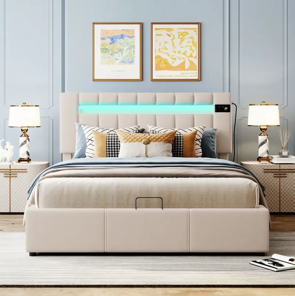 Queen Size Upholstered Bed With Led Light - Bluetooth Player And USB Charging, Hydraulic Storage Bed