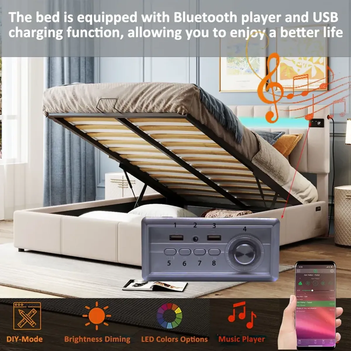 Queen Size Upholstered Bed With Led Light - Bluetooth Player And USB Charging, Hydraulic Storage Bed