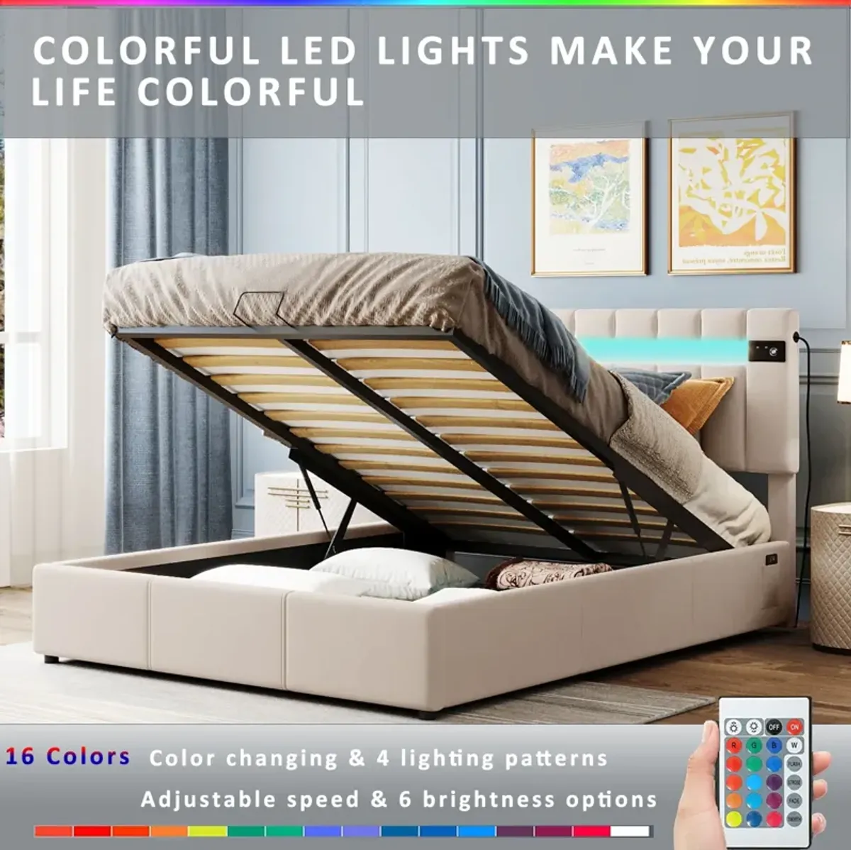 Queen Size Upholstered Bed With Led Light - Bluetooth Player And USB Charging, Hydraulic Storage Bed