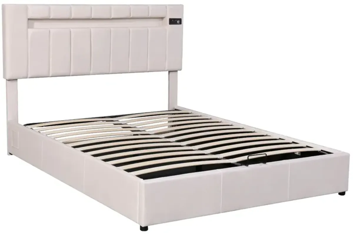 Queen Size Upholstered Bed With Led Light - Bluetooth Player And USB Charging, Hydraulic Storage Bed