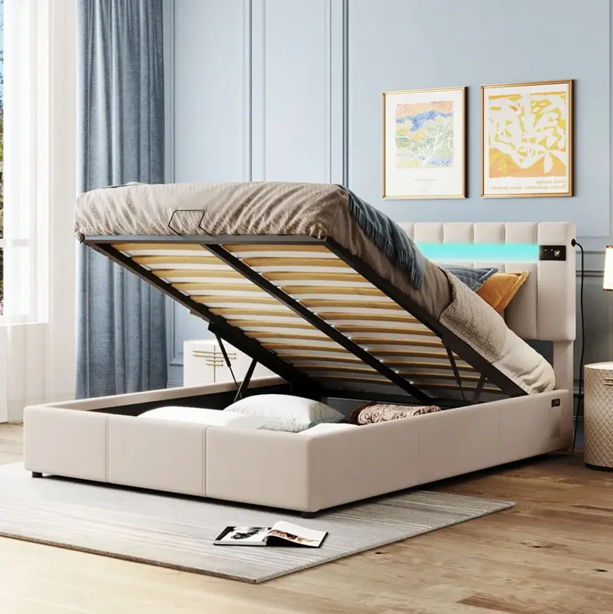 Queen Size Upholstered Bed With Led Light - Bluetooth Player And USB Charging, Hydraulic Storage Bed