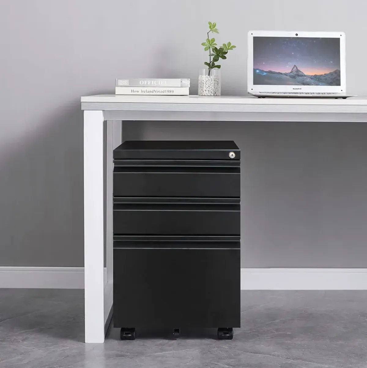 3 Drawer File Cabinet With Lock, Steel Mobile Filing Cabinet On Anti - Tilt Wheels, Rolling Locking Office Cabinets Under Desk For Legal / Letter Size