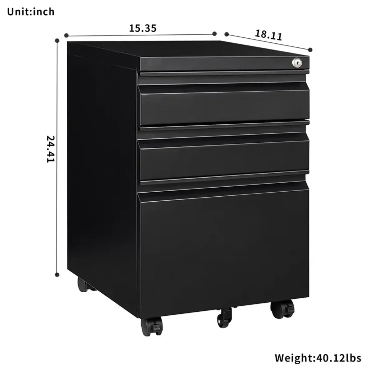 3 Drawer File Cabinet With Lock, Steel Mobile Filing Cabinet On Anti - Tilt Wheels, Rolling Locking Office Cabinets Under Desk For Legal / Letter Size