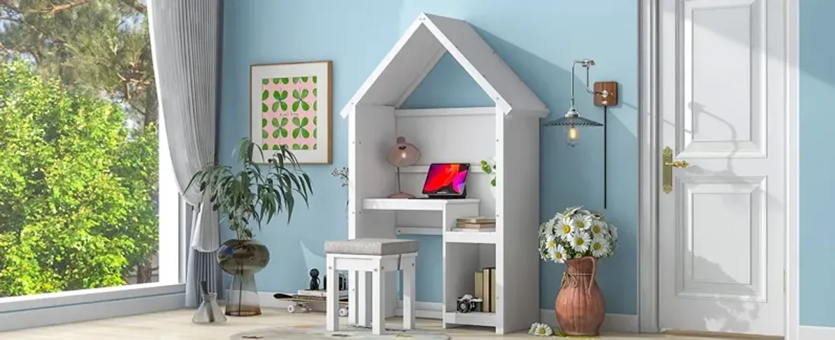 House-Shaped Kids Desk With A Cushion Stool, House-Style Desk And Stool Set