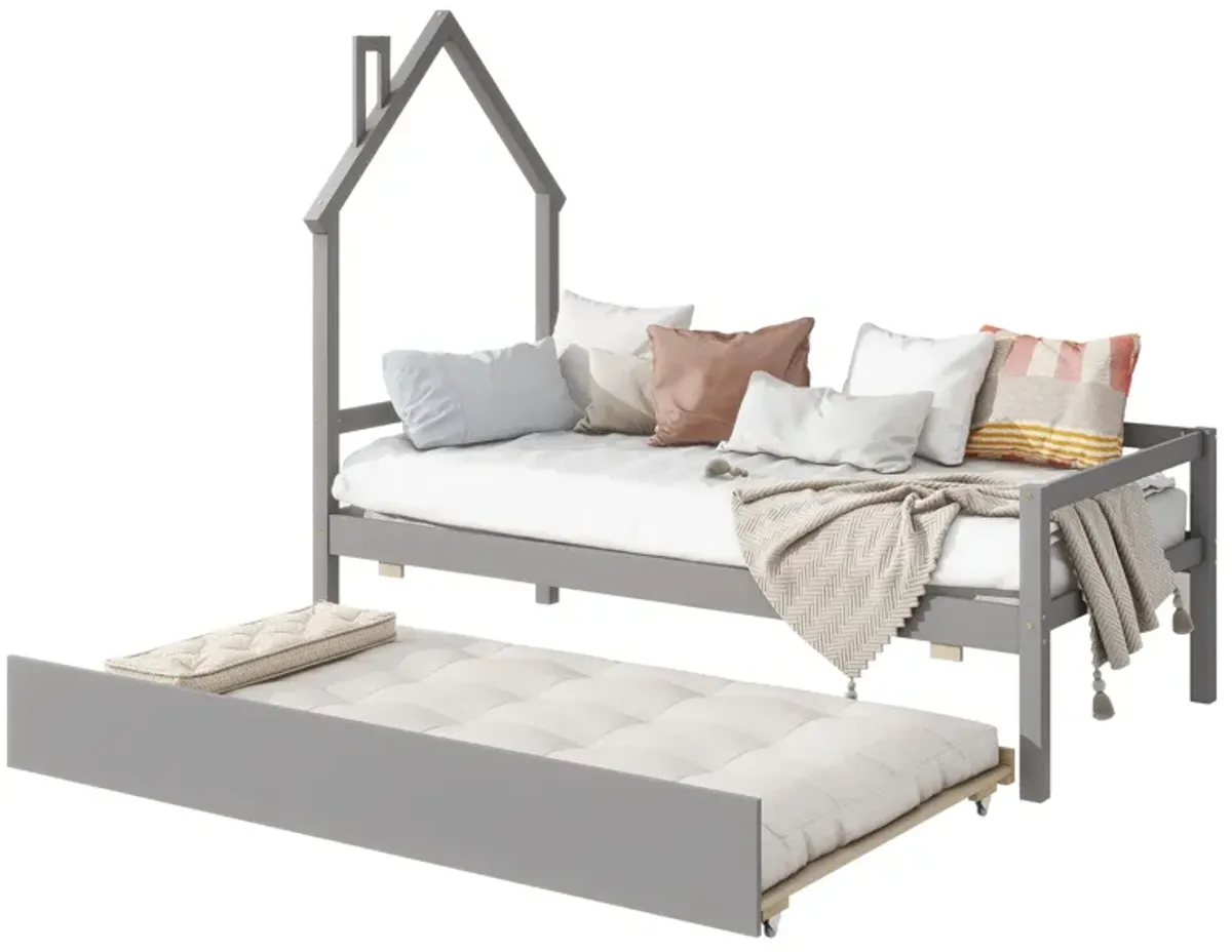 House Wooden Daybed With Trundle, House-Shaped Headboard Bed With Guardrails