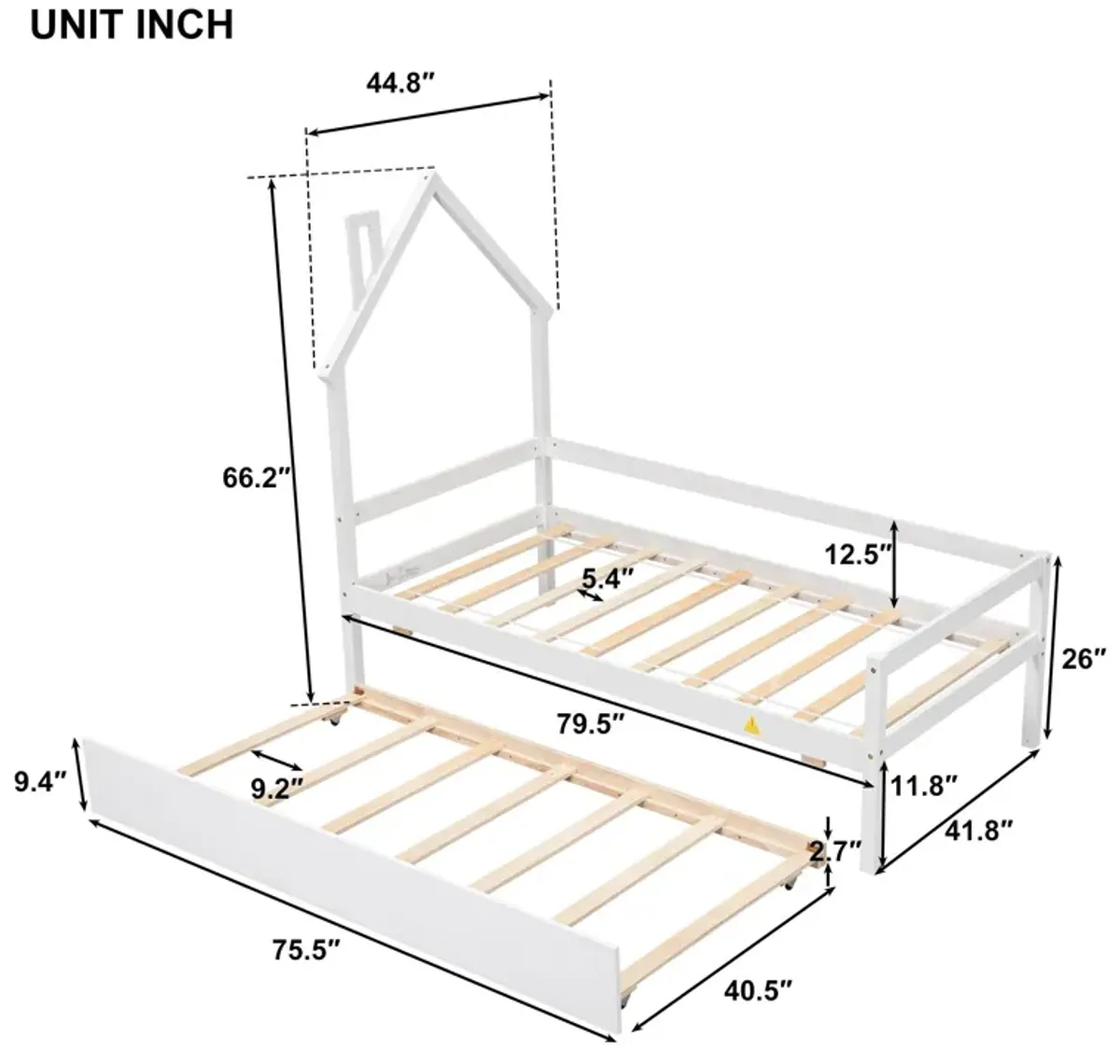 House Wooden Daybed With Trundle, House-Shaped Headboard Bed With Guardrails