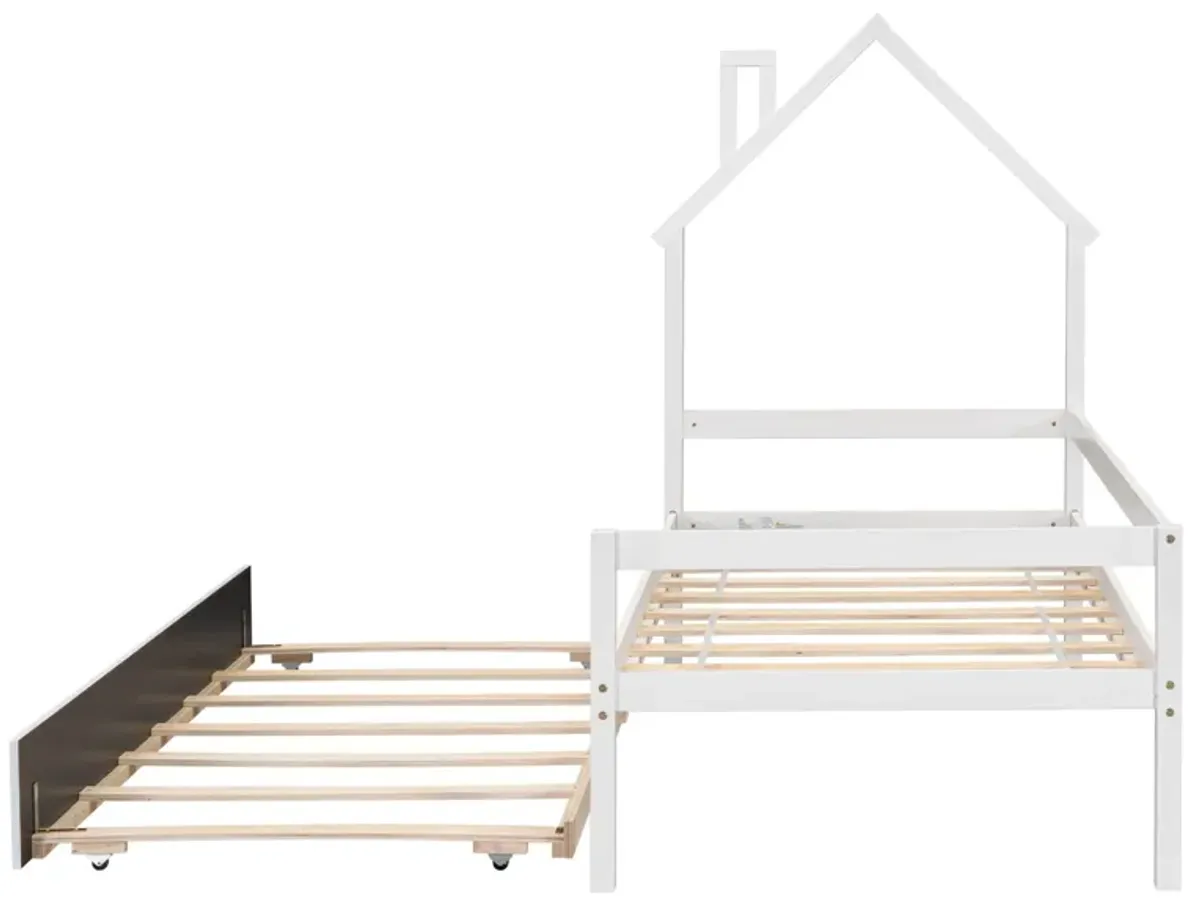 House Wooden Daybed With Trundle, House-Shaped Headboard Bed With Guardrails