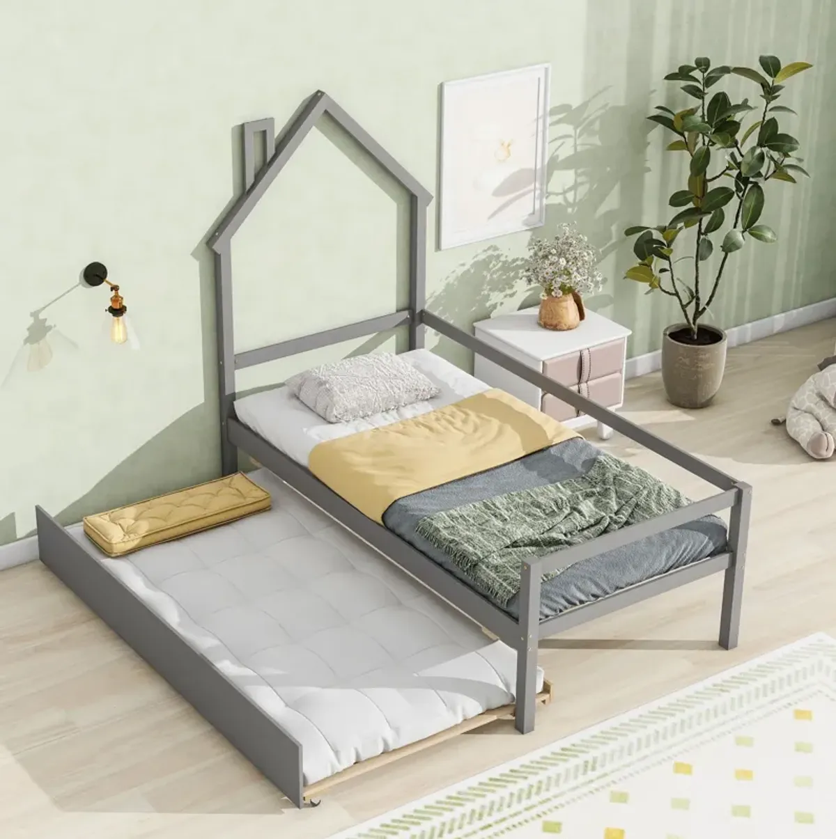 House Wooden Daybed With Trundle, House-Shaped Headboard Bed With Guardrails