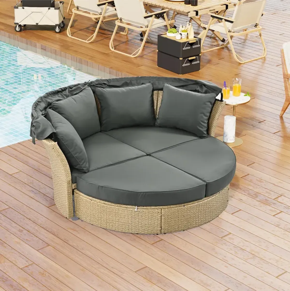 Outdoor Patio Daybed Wicker Rattan Double Daybed Round Sofa Furniture Set With Retractable Canopy, 4 Pillows For Lawn Garden