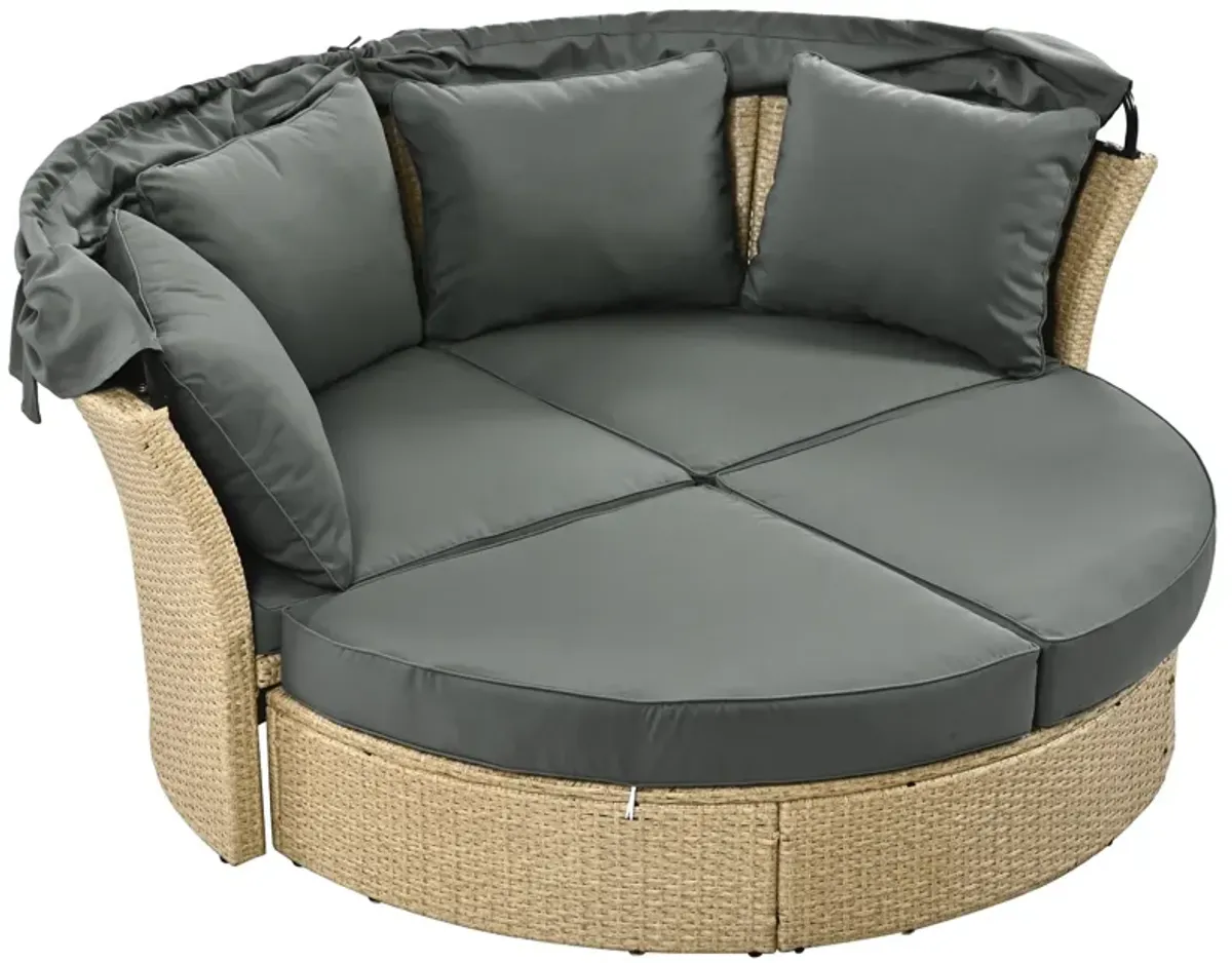 Outdoor Patio Daybed Wicker Rattan Double Daybed Round Sofa Furniture Set With Retractable Canopy, 4 Pillows For Lawn Garden