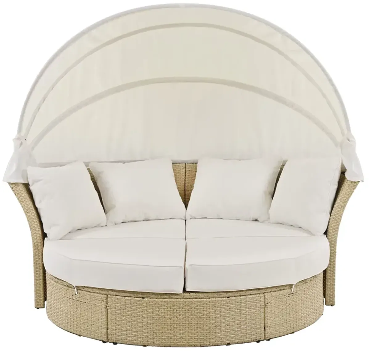 Outdoor Patio Daybed Wicker Rattan Double Daybed Round Sofa Furniture Set With Retractable Canopy, 4 Pillows For Lawn Garden