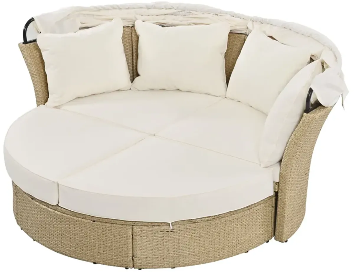 Outdoor Patio Daybed Wicker Rattan Double Daybed Round Sofa Furniture Set With Retractable Canopy, 4 Pillows For Lawn Garden