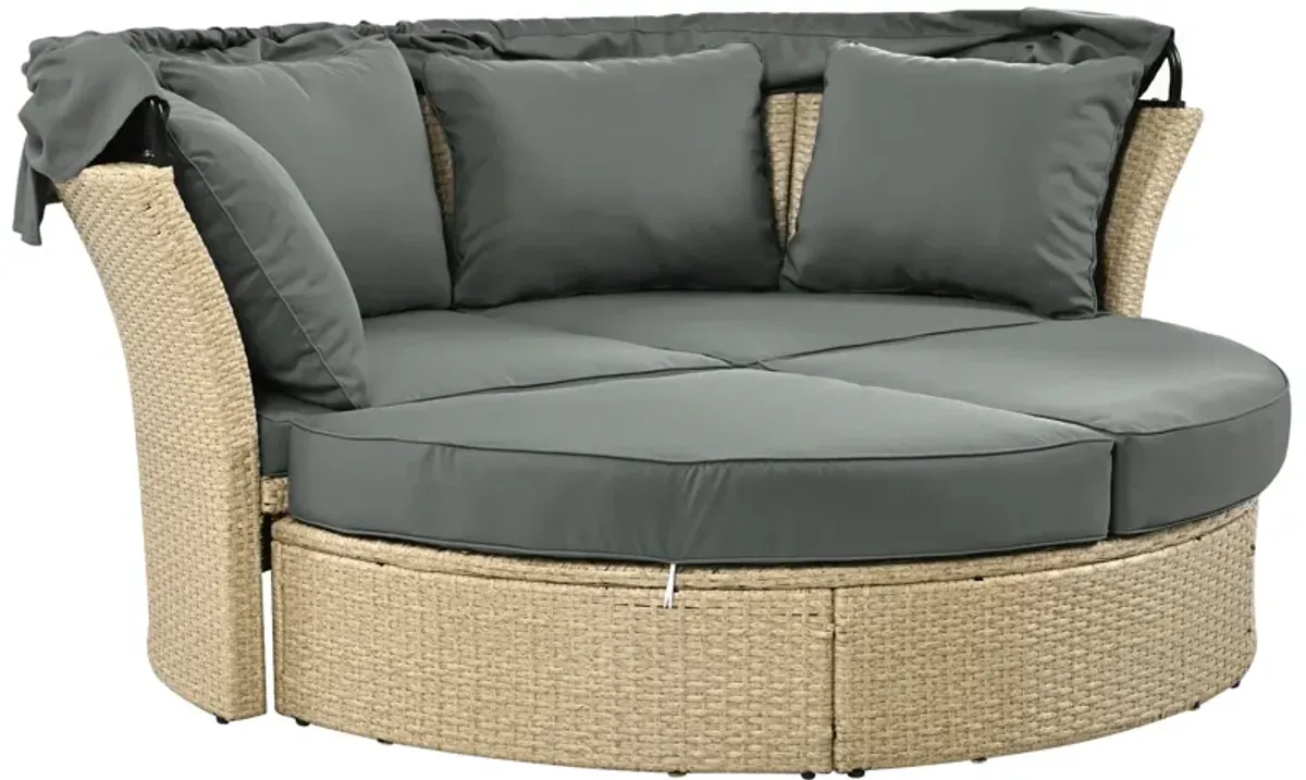 Outdoor Patio Daybed Wicker Rattan Double Daybed Round Sofa Furniture Set With Retractable Canopy, 4 Pillows For Lawn Garden