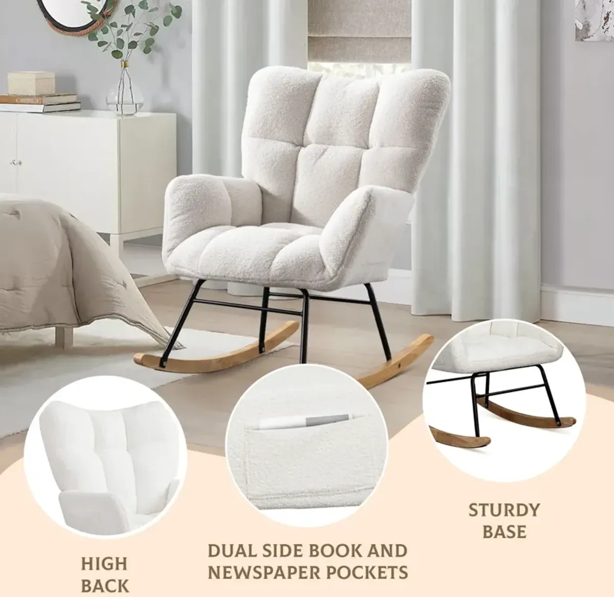 Teddy Rocking Chair, Upholstered Rocker Armchair With High Backrest, Modern Rocking Accent Chair For Nursery, Living Room