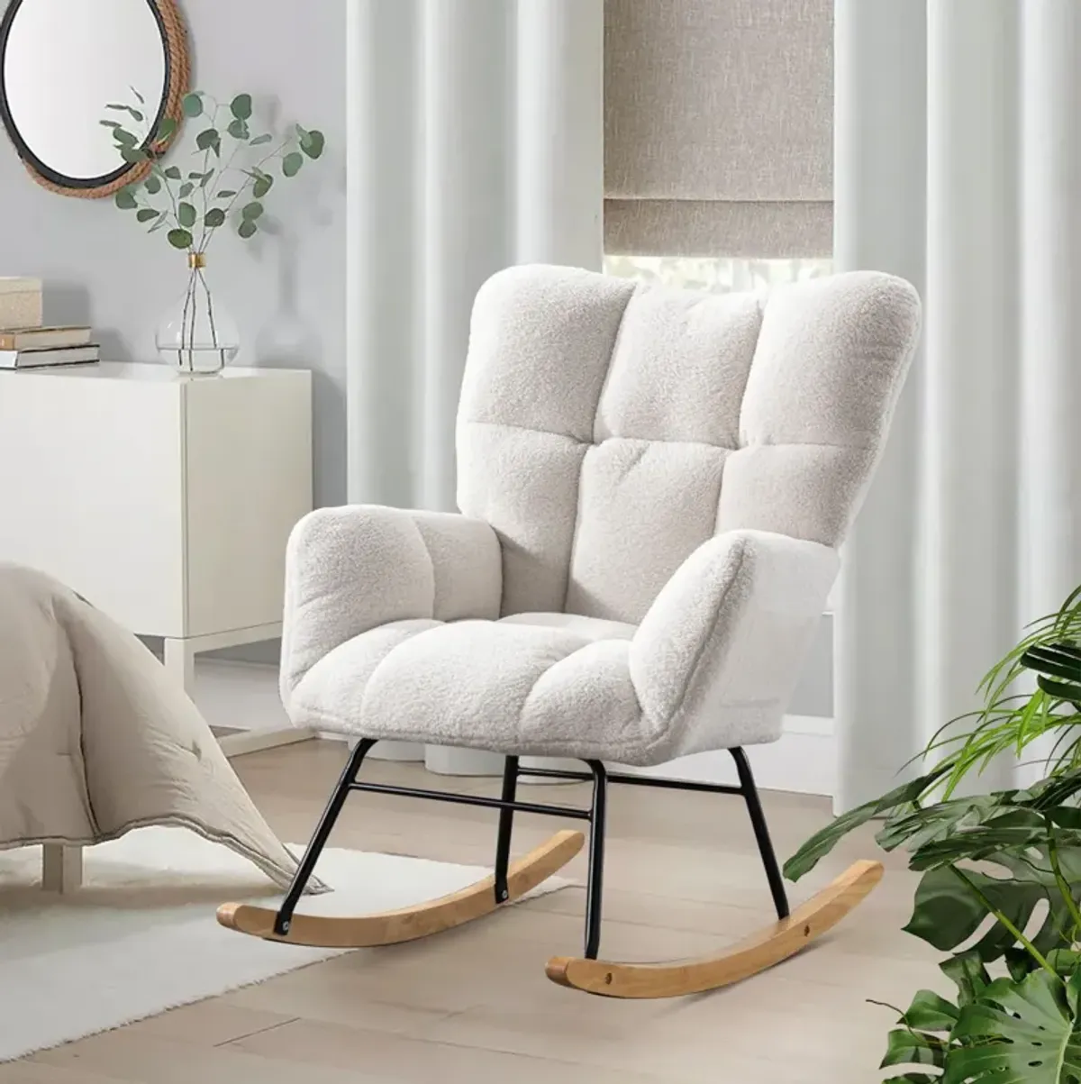 Teddy Rocking Chair, Upholstered Rocker Armchair With High Backrest, Modern Rocking Accent Chair For Nursery, Living Room